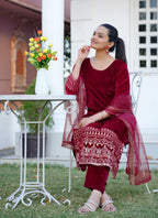 Teeya Creation Red Color Viscose Velvet Heavy Embroidery Work Fully Stitched Salwar Suit | Grocsy