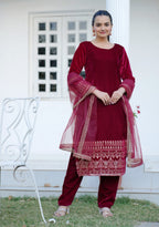 Teeya Creation Red Color Viscose Velvet Heavy Embroidery Work Fully Stitched Salwar Suit | Grocsy