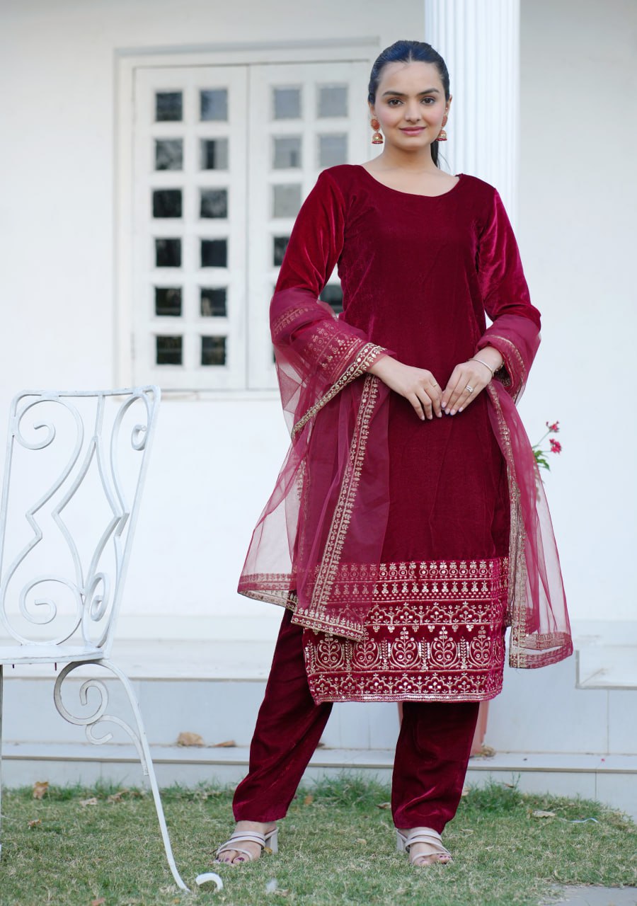 Teeya Creation Red Color Viscose Velvet Heavy Embroidery Work Fully Stitched Salwar Suit | Grocsy