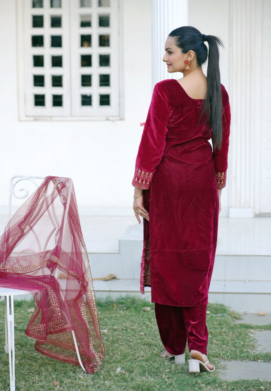 Teeya Creation Red Color Viscose Velvet Heavy Embroidery Work Fully Stitched Salwar Suit | Grocsy