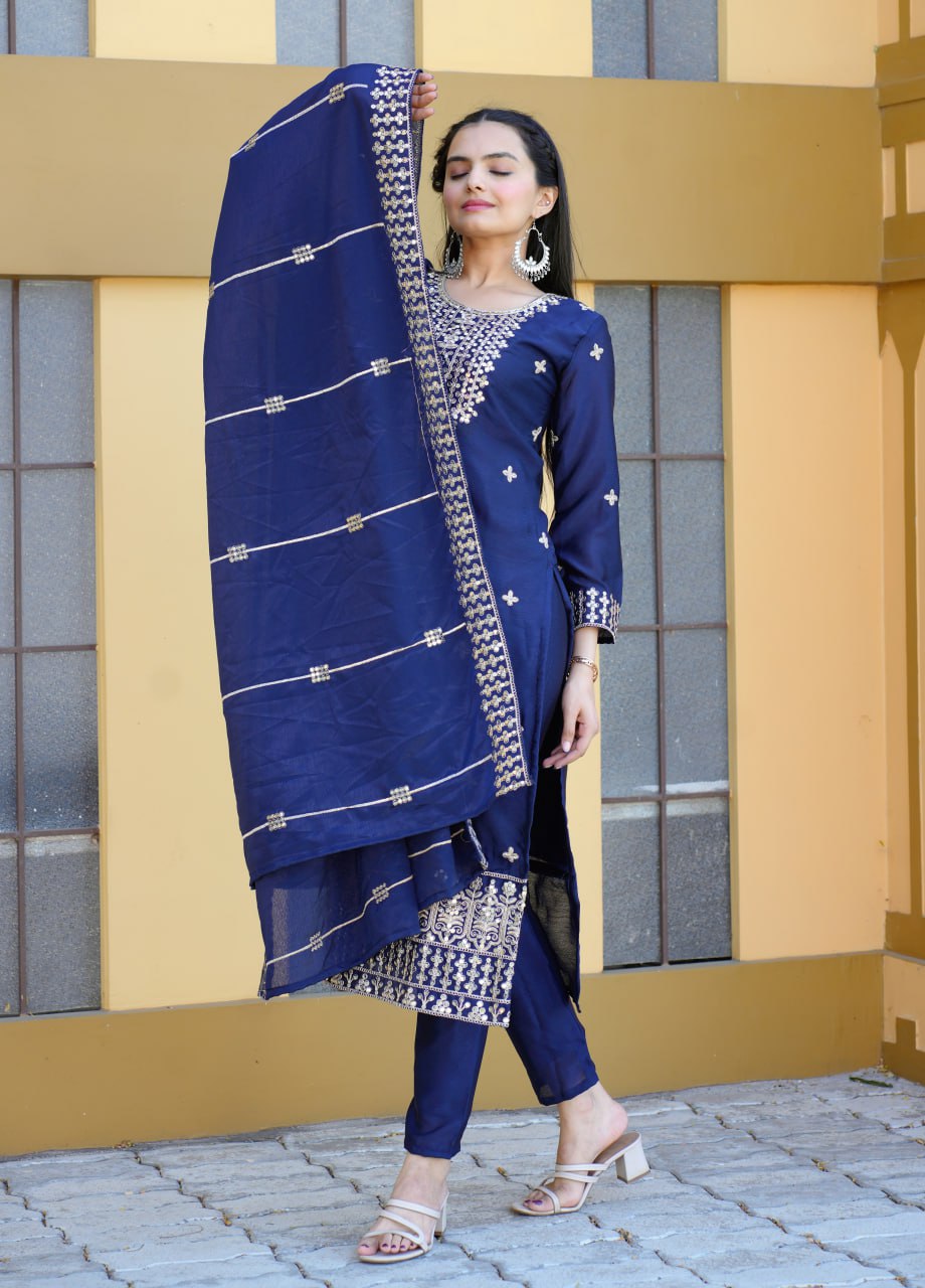 Teeya Creation Blue Color Chinnon Silk Heavy Embroidery Work Fully Stitched Salwar Suit | Grocsy