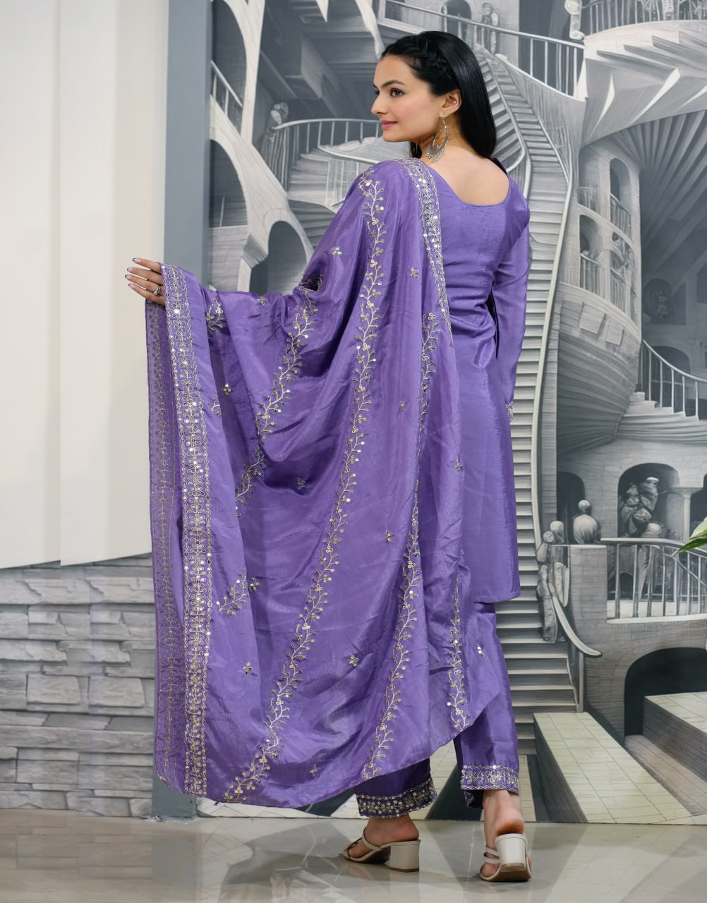 Teeya Creation Lavender Color Chinnon Silk Heavy Embroidery Work Fully Stitched Salwar Suit | Grocsy