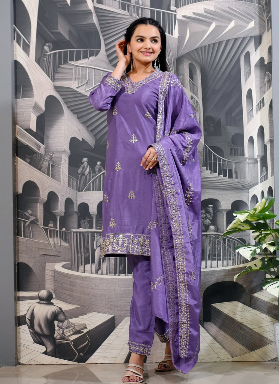 Teeya Creation Lavender Color Chinnon Silk Heavy Embroidery Work Fully Stitched Salwar Suit | Grocsy