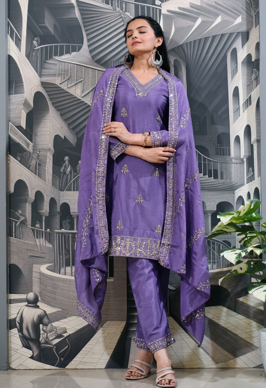 Teeya Creation Lavender Color Chinnon Silk Heavy Embroidery Work Fully Stitched Salwar Suit | Grocsy