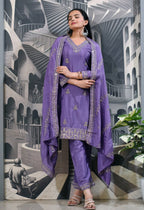 Teeya Creation Lavender Color Chinnon Silk Heavy Embroidery Work Fully Stitched Salwar Suit | Grocsy