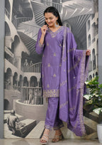 Teeya Creation Lavender Color Chinnon Silk Heavy Embroidery Work Fully Stitched Salwar Suit | Grocsy