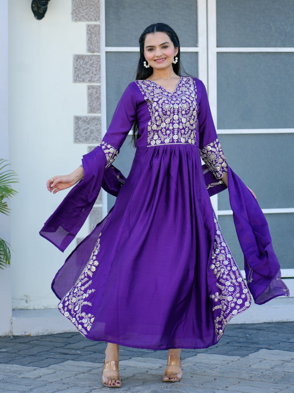 Teeya Creation Purple Color Chinnon Silk Heavy Embroidery Work Fully Stitched Salwar Suit | Grocsy