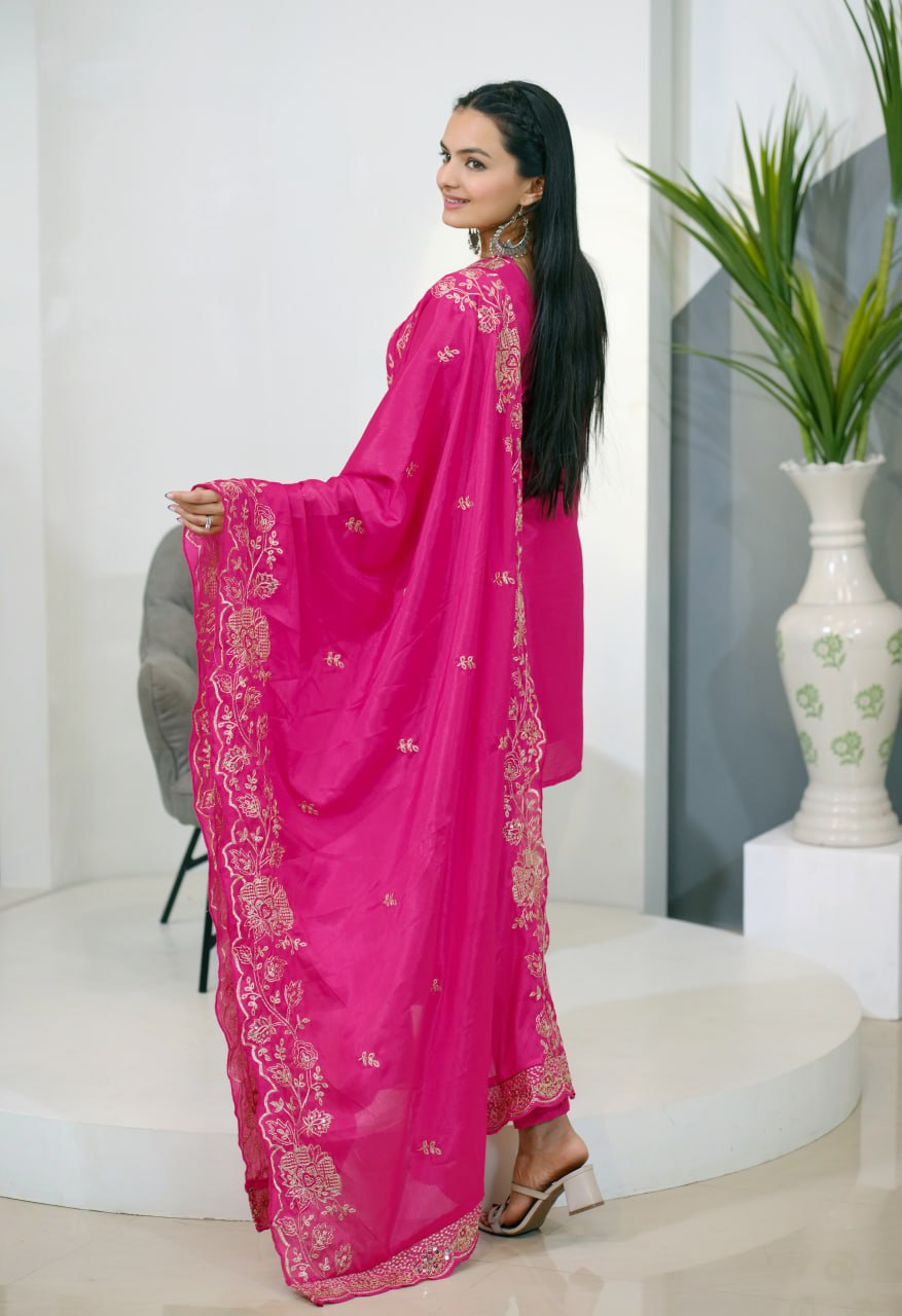 Teeya Creation Pink Color Chinnon Silk Heavy Embroidery Work Fully Stitched Salwar Suit | Grocsy