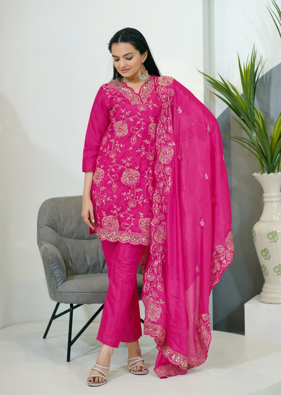 Teeya Creation Pink Color Chinnon Silk Heavy Embroidery Work Fully Stitched Salwar Suit | Grocsy