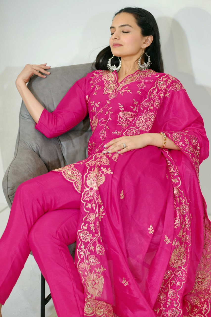 Teeya Creation Pink Color Chinnon Silk Heavy Embroidery Work Fully Stitched Salwar Suit | Grocsy