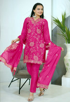 Teeya Creation Pink Color Chinnon Silk Heavy Embroidery Work Fully Stitched Salwar Suit | Grocsy