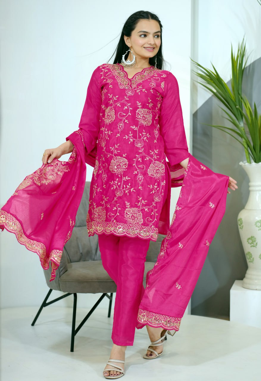 Teeya Creation Pink Color Chinnon Silk Heavy Embroidery Work Fully Stitched Salwar Suit | Grocsy