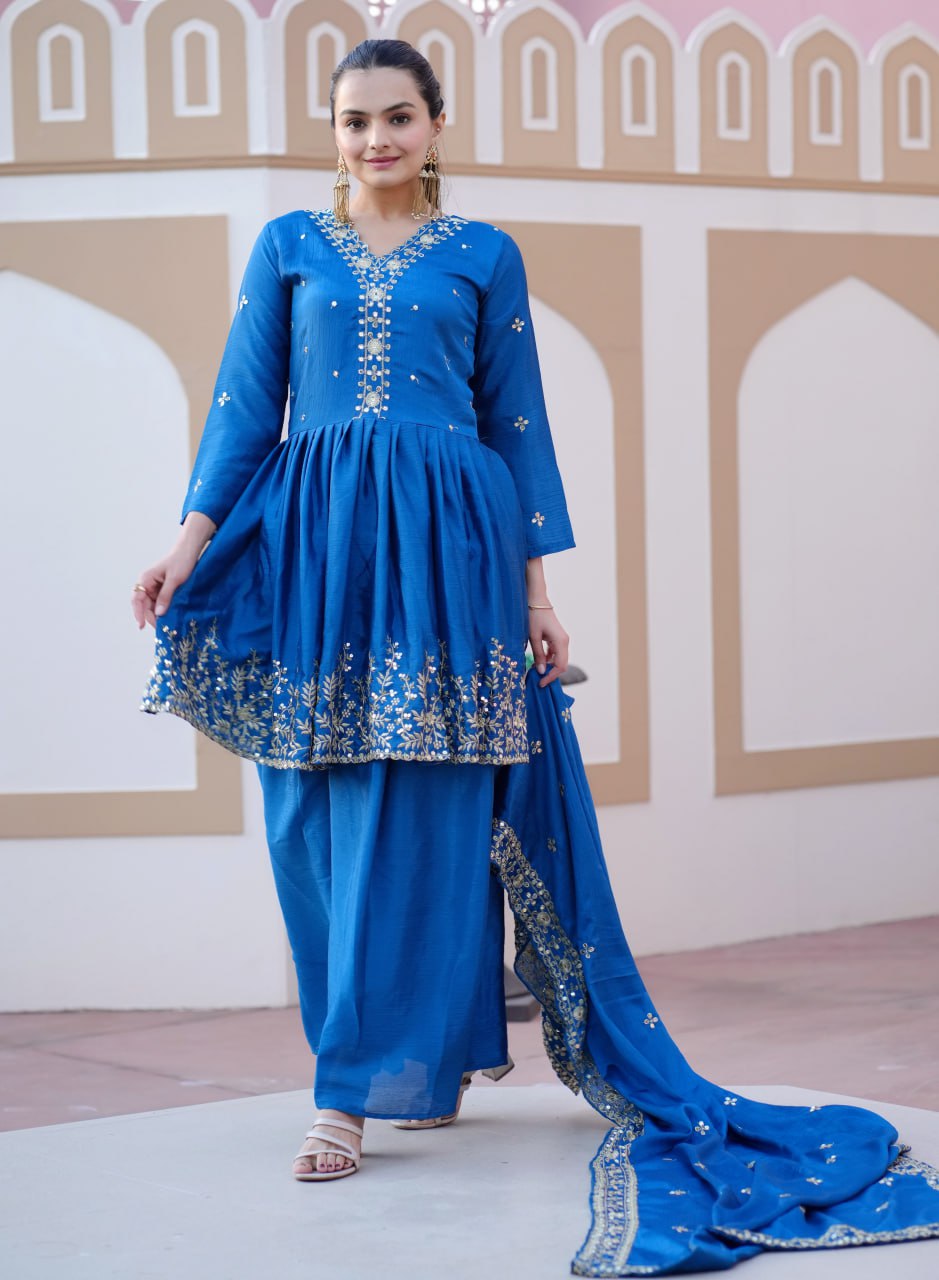 Teeya Creation Blue Color Chinnon Silk Heavy Embroidery Work Fully Stitched Salwar Suit | Grocsy