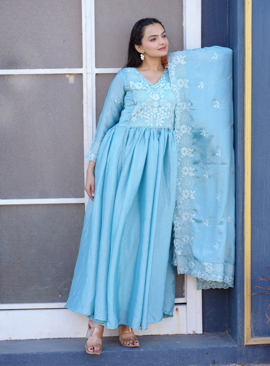 Teeya Creation Sky Blue Color Chinnon Silk Heavy Embroidery Work Fully Stitched Salwar Suit | Grocsy