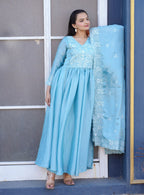 Teeya Creation Sky Blue Color Chinnon Silk Heavy Embroidery Work Fully Stitched Salwar Suit | Grocsy