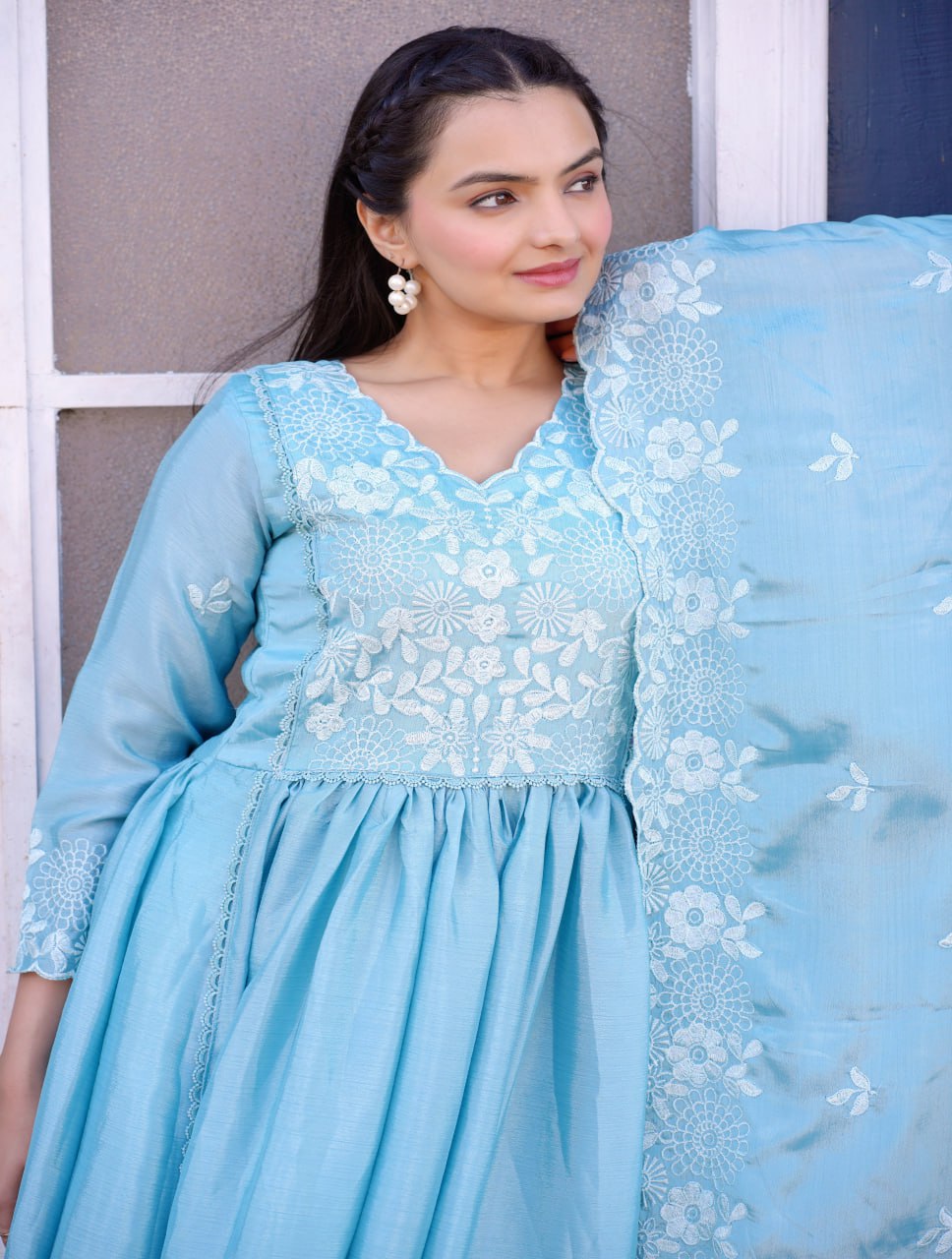 Teeya Creation Sky Blue Color Chinnon Silk Heavy Embroidery Work Fully Stitched Salwar Suit | Grocsy