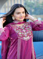 Teeya Creation Wine Color Chinnon Silk Heavy Embroidery Work Fully Stitched Salwar Suit | Grocsy