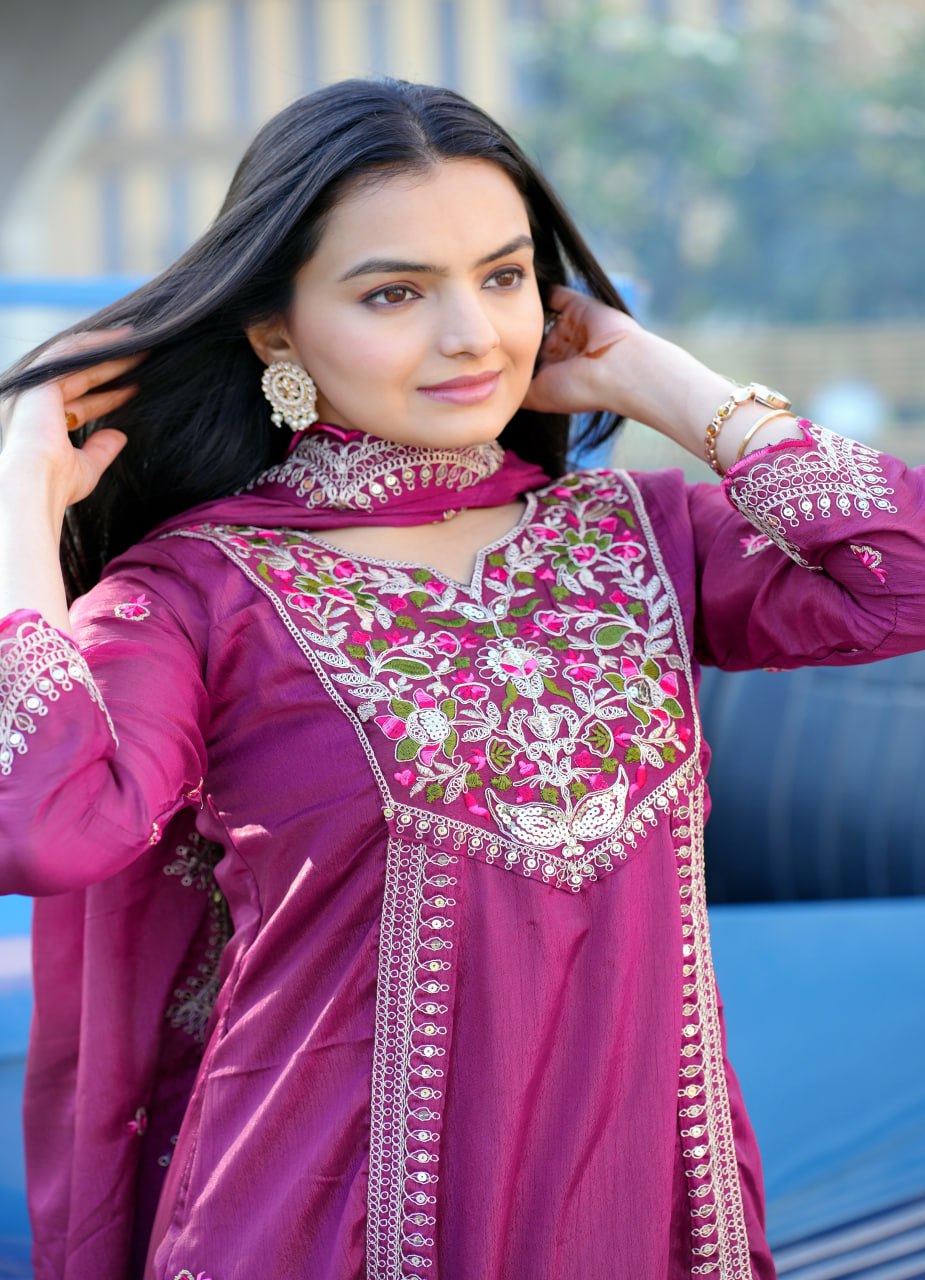 Teeya Creation Wine Color Chinnon Silk Heavy Embroidery Work Fully Stitched Salwar Suit | Grocsy