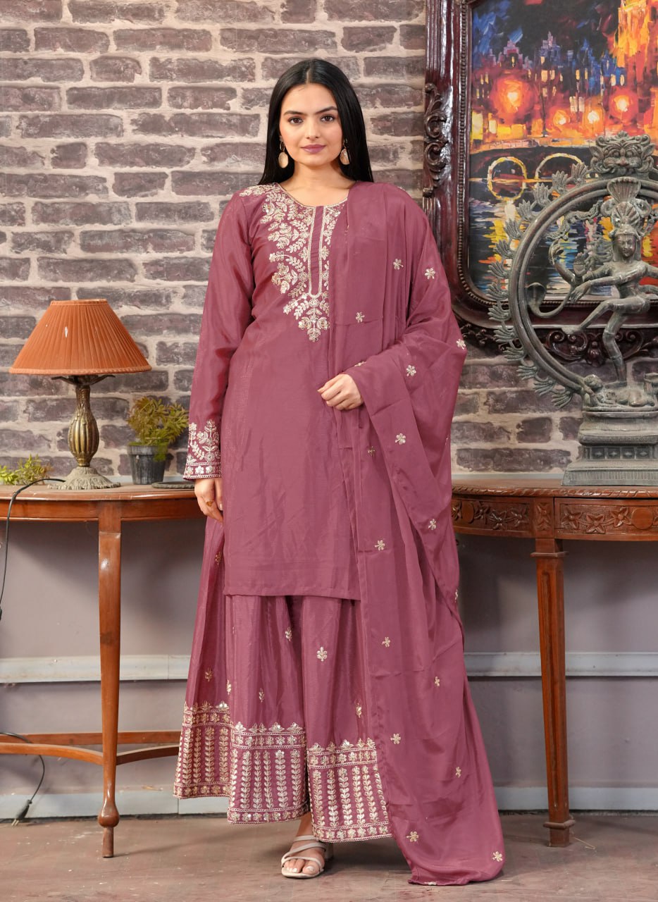 Teeya Creation Rosewood Color Chinnon Silk Heavy Embroidery Work Fully Stitched Sharara Suit | Grocsy