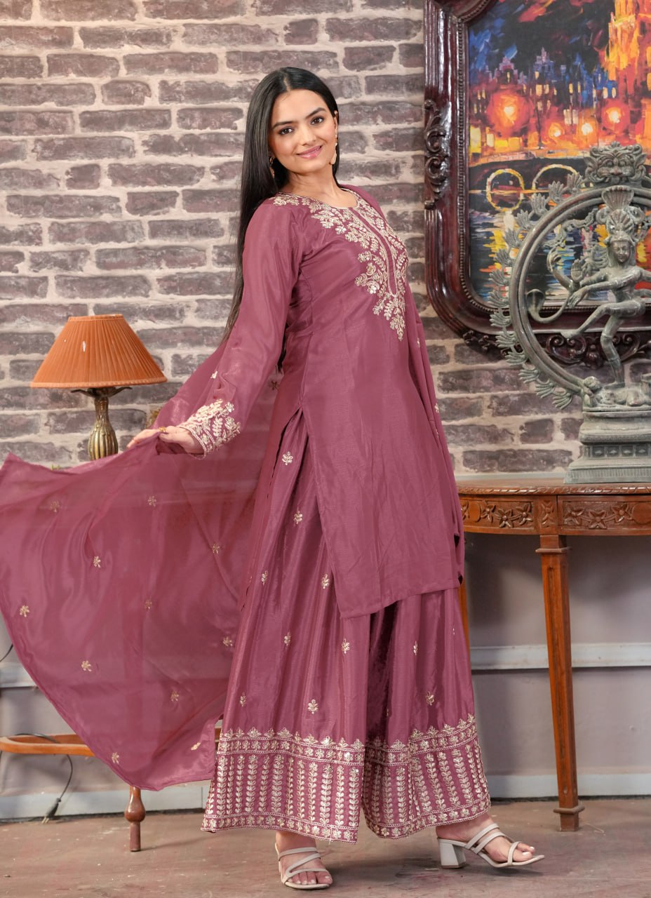 Teeya Creation Rosewood Color Chinnon Silk Heavy Embroidery Work Fully Stitched Sharara Suit | Grocsy