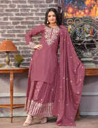 Teeya Creation Rosewood Color Chinnon Silk Heavy Embroidery Work Fully Stitched Sharara Suit | Grocsy
