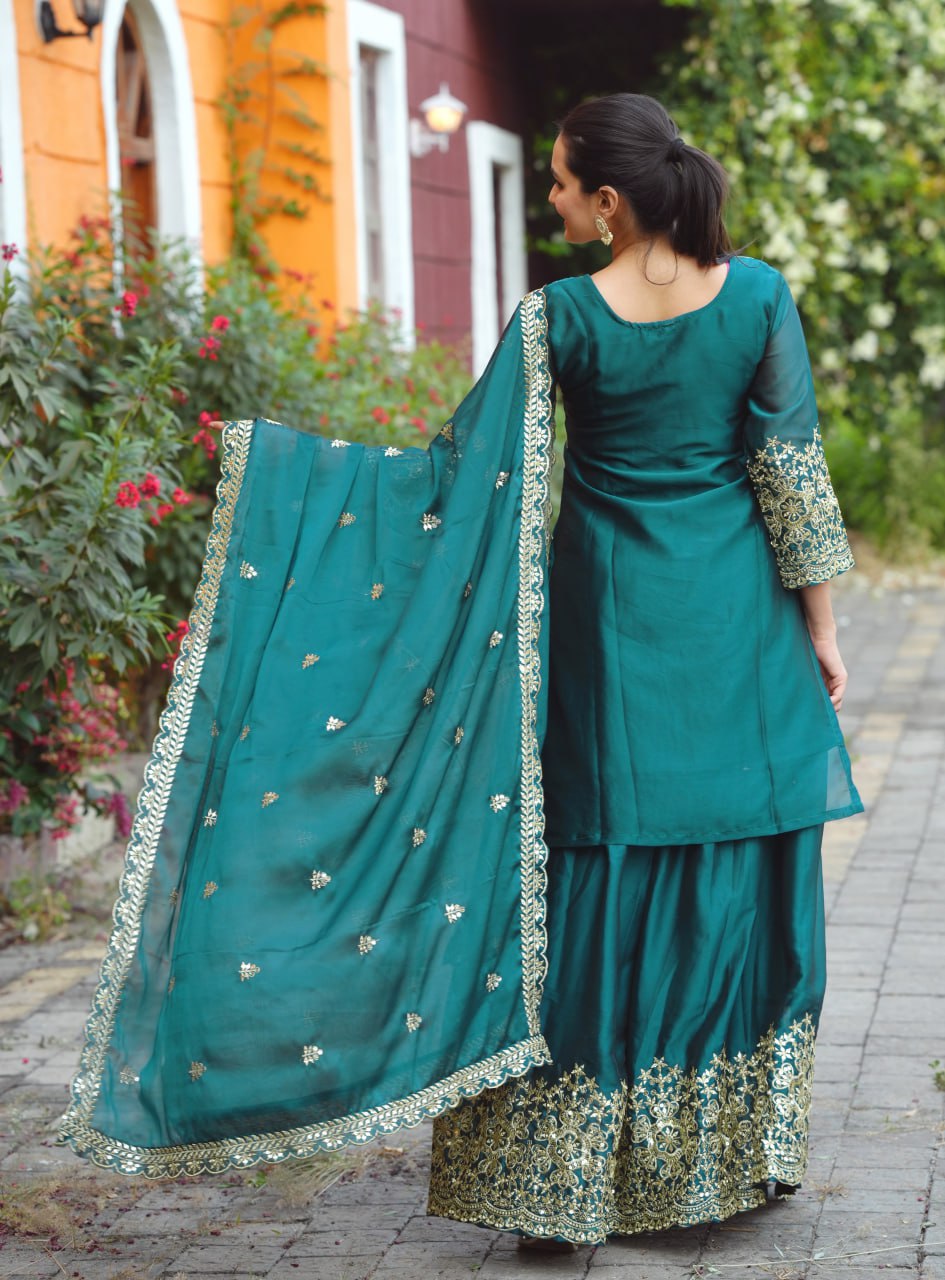 Teeya Creation Dark Teal Color Rangoli Silk Heavy Embroidery Work Fully Stitched Suit | Grocsy