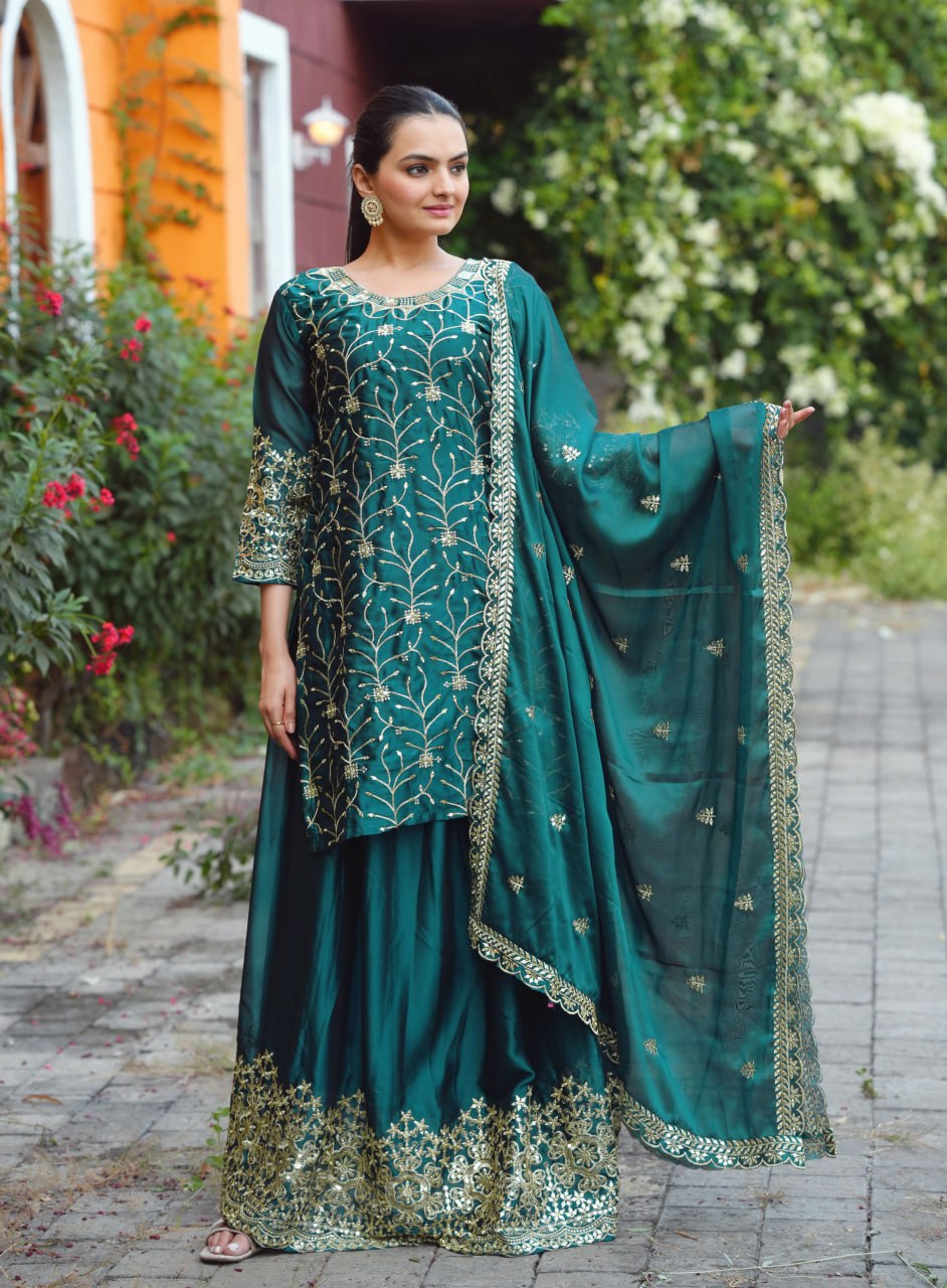 Teeya Creation Dark Teal Color Rangoli Silk Heavy Embroidery Work Fully Stitched Suit | Grocsy