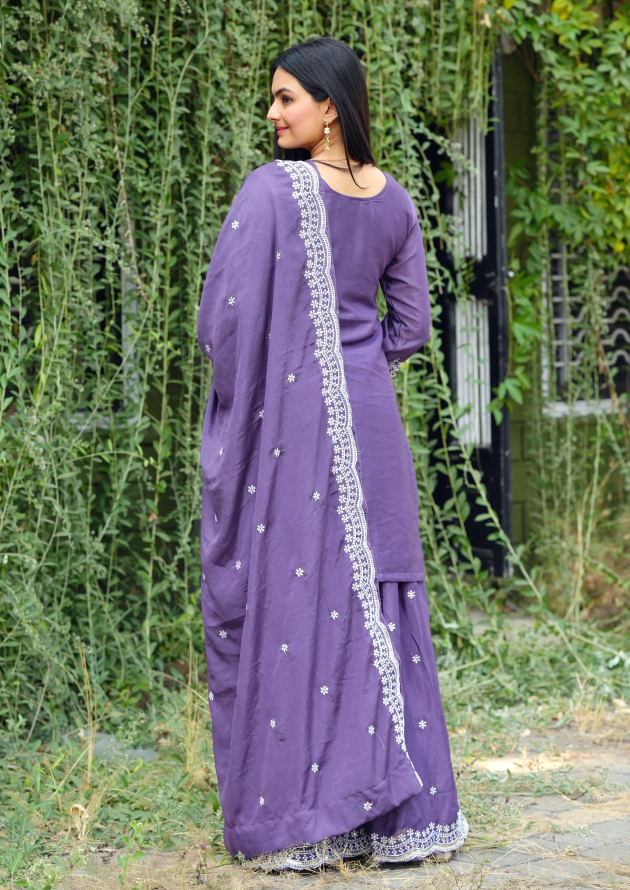 Teeya Creation Lavender Color Chinnon Silk Heavy Embroidery Work Fully Stitched Sharara Suit | Grocsy