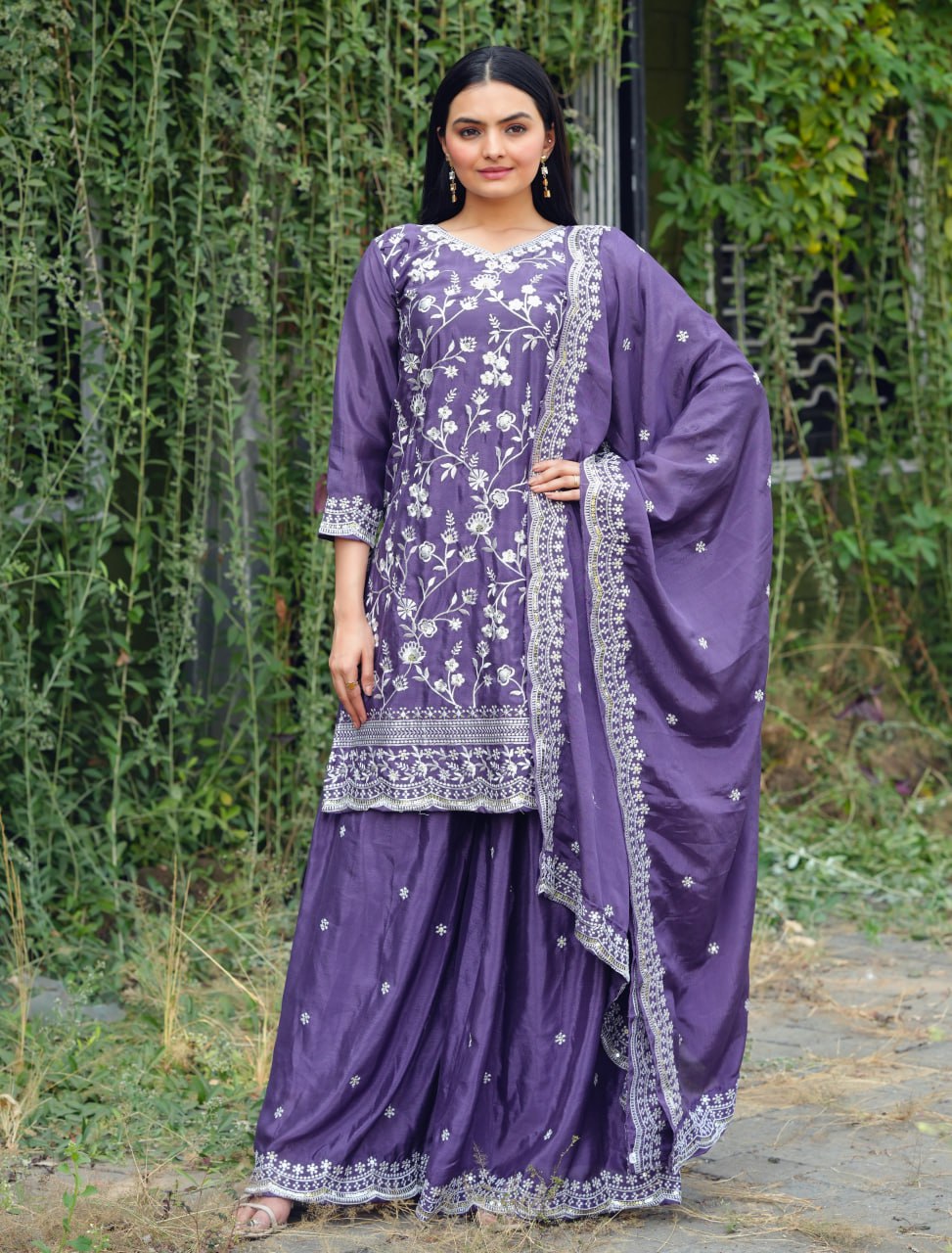 Teeya Creation Lavender Color Chinnon Silk Heavy Embroidery Work Fully Stitched Sharara Suit | Grocsy
