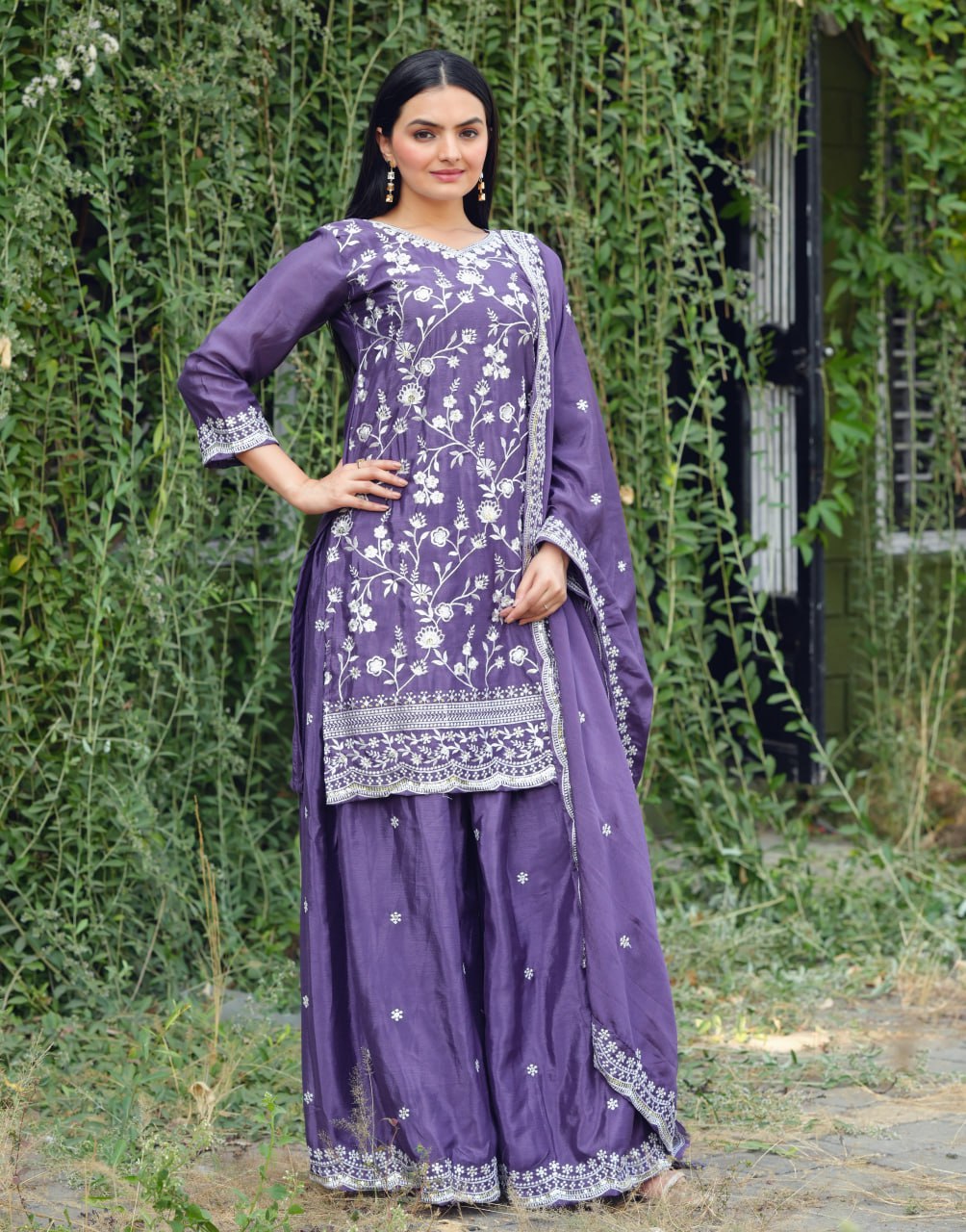 Teeya Creation Lavender Color Chinnon Silk Heavy Embroidery Work Fully Stitched Sharara Suit | Grocsy