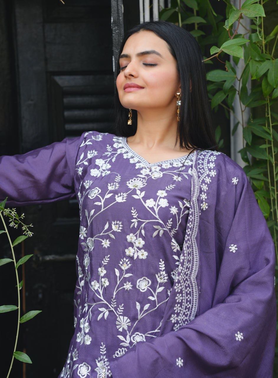 Teeya Creation Lavender Color Chinnon Silk Heavy Embroidery Work Fully Stitched Sharara Suit | Grocsy