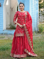 Teeya Creation Red Color Rangoli Silk Heavy Embroidery Work Fully Stitched Suit | Grocsy