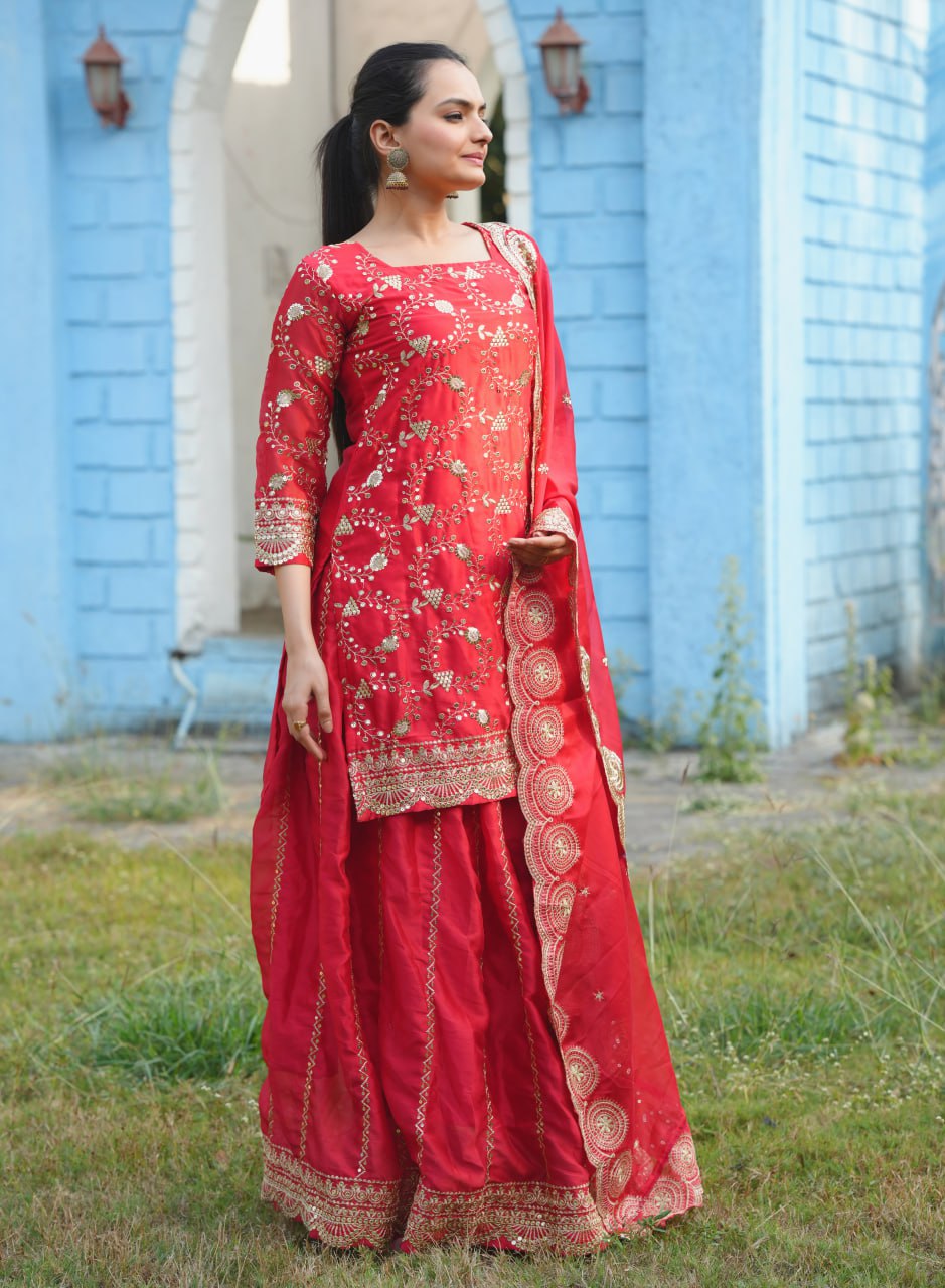 Teeya Creation Red Color Rangoli Silk Heavy Embroidery Work Fully Stitched Suit | Grocsy