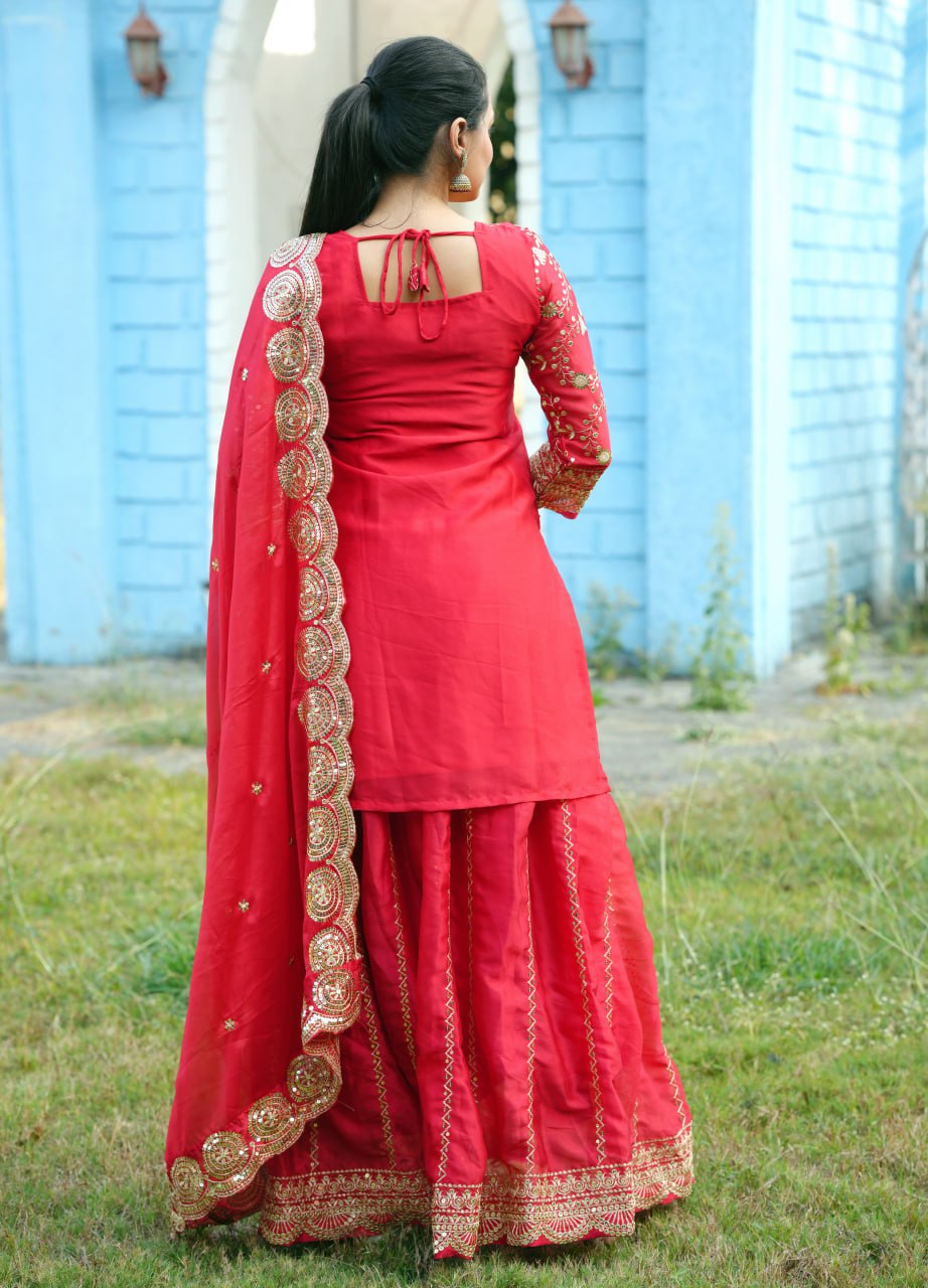 Teeya Creation Red Color Rangoli Silk Heavy Embroidery Work Fully Stitched Suit | Grocsy