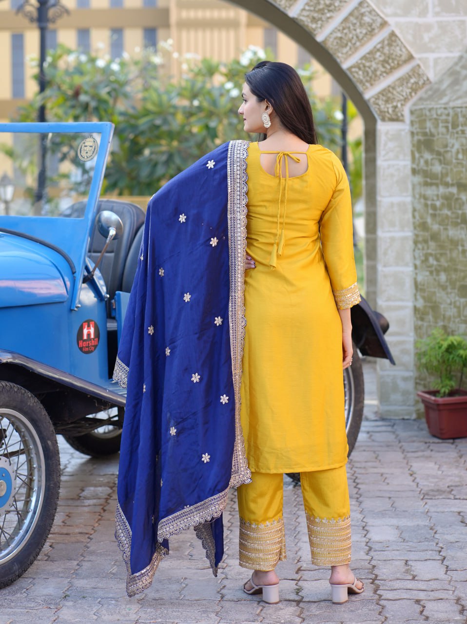 Teeya Creation Yellow Color Chinnon Silk Heavy Embroidery Work Fully Stitched Salwar Suit | Grocsy