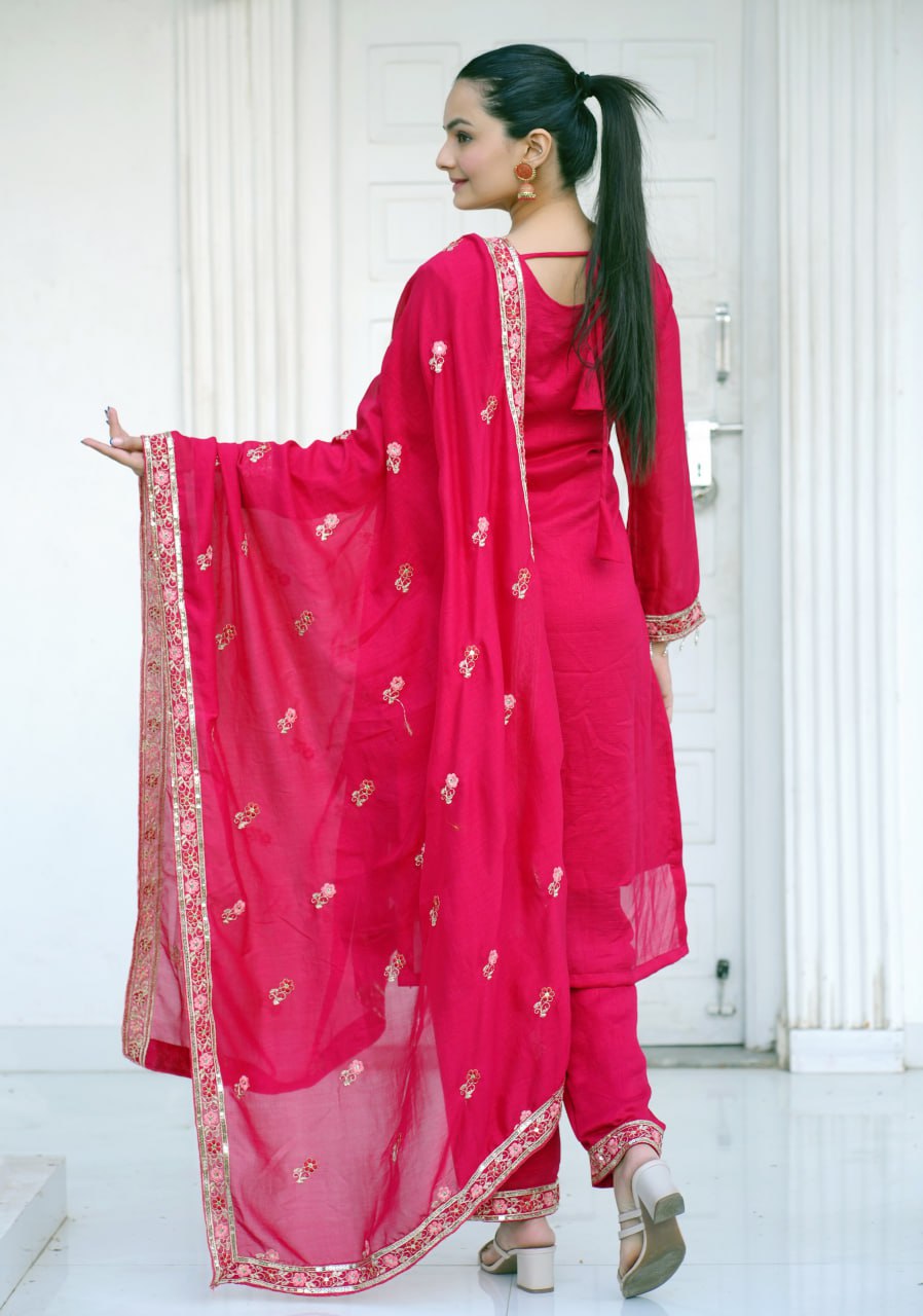 Teeya Creation Rani Color Vichitra Silk Heavy Embroidery Work Fully Stitched Salwar Suit | Grocsy