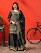 Teeya Creation Black Color Chinnon Silk Heavy Embroidery Work Fully Stitched Sharara Suit | Grocsy