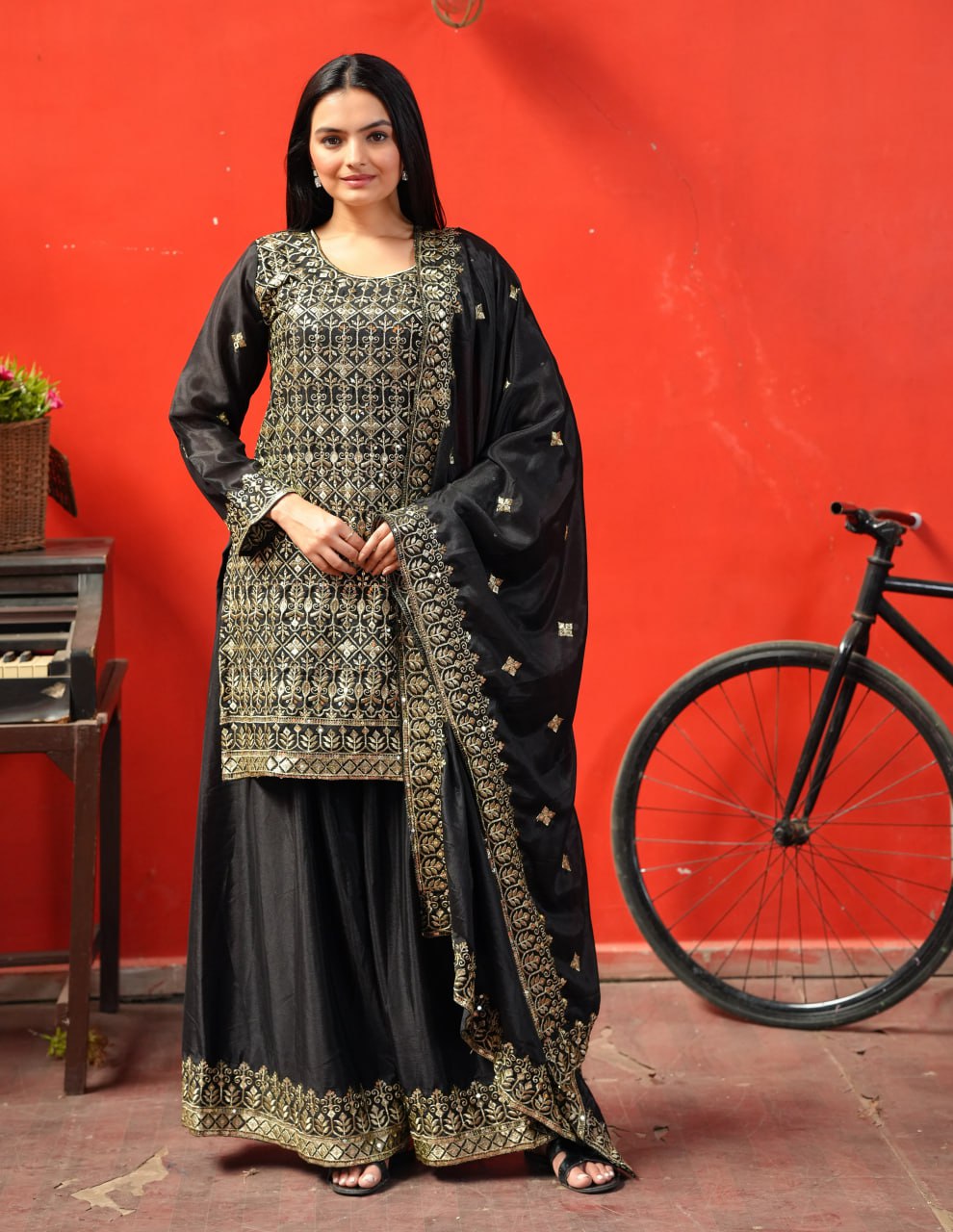 Teeya Creation Black Color Chinnon Silk Heavy Embroidery Work Fully Stitched Sharara Suit | Grocsy