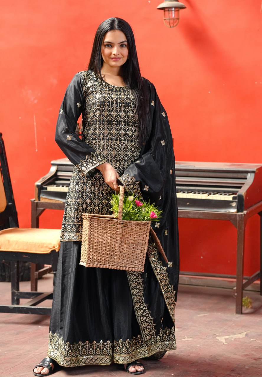 Teeya Creation Black Color Chinnon Silk Heavy Embroidery Work Fully Stitched Sharara Suit | Grocsy