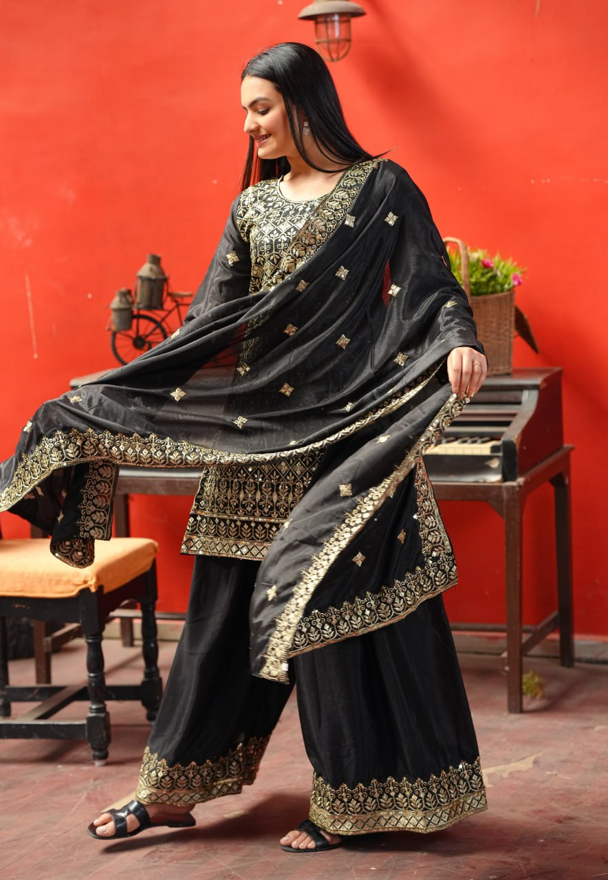 Teeya Creation Black Color Chinnon Silk Heavy Embroidery Work Fully Stitched Sharara Suit | Grocsy