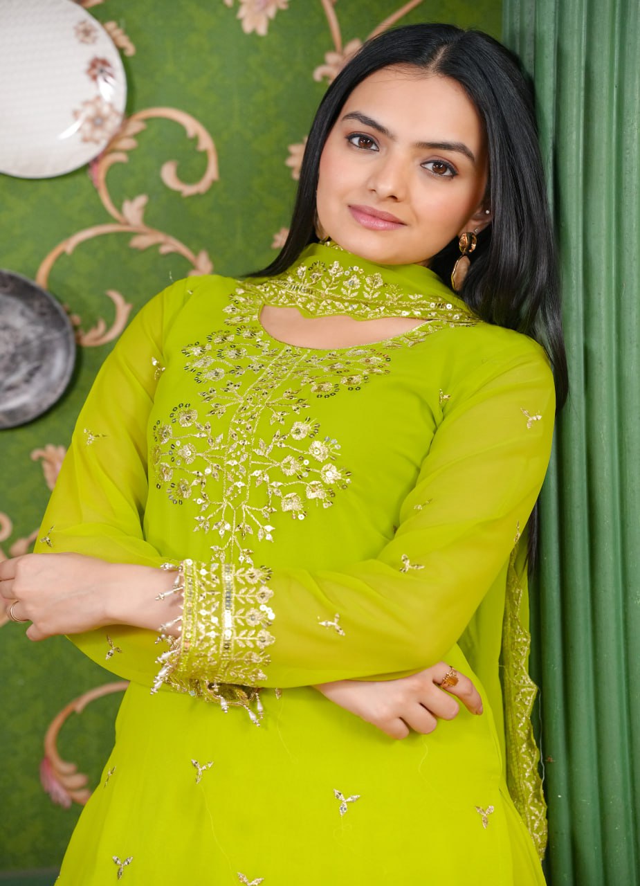 Teeya Creation Olive Color Georgette Heavy Embroidery Work Fully Stitched Sharara Suit | Grocsy