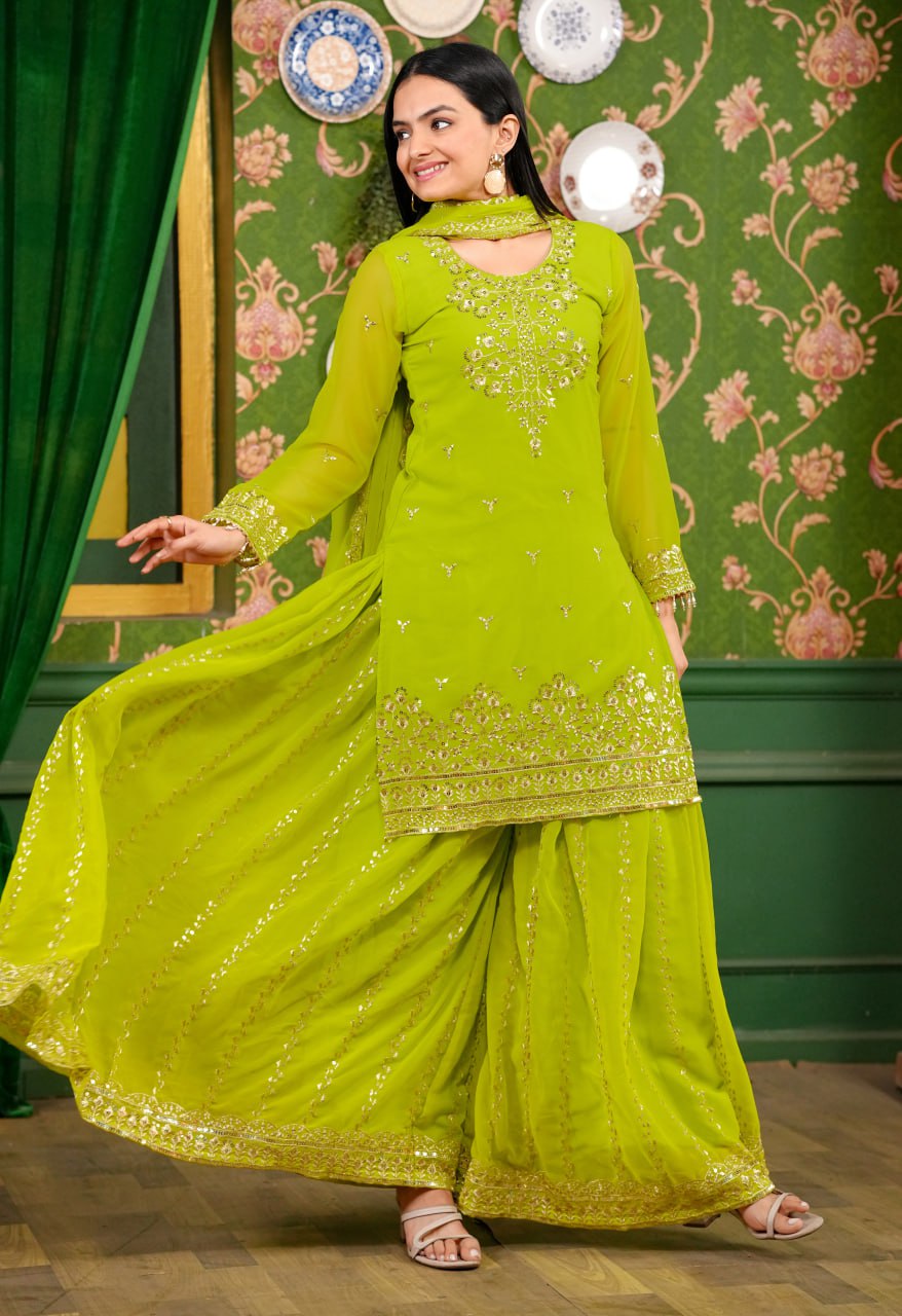 Teeya Creation Olive Color Georgette Heavy Embroidery Work Fully Stitched Sharara Suit | Grocsy