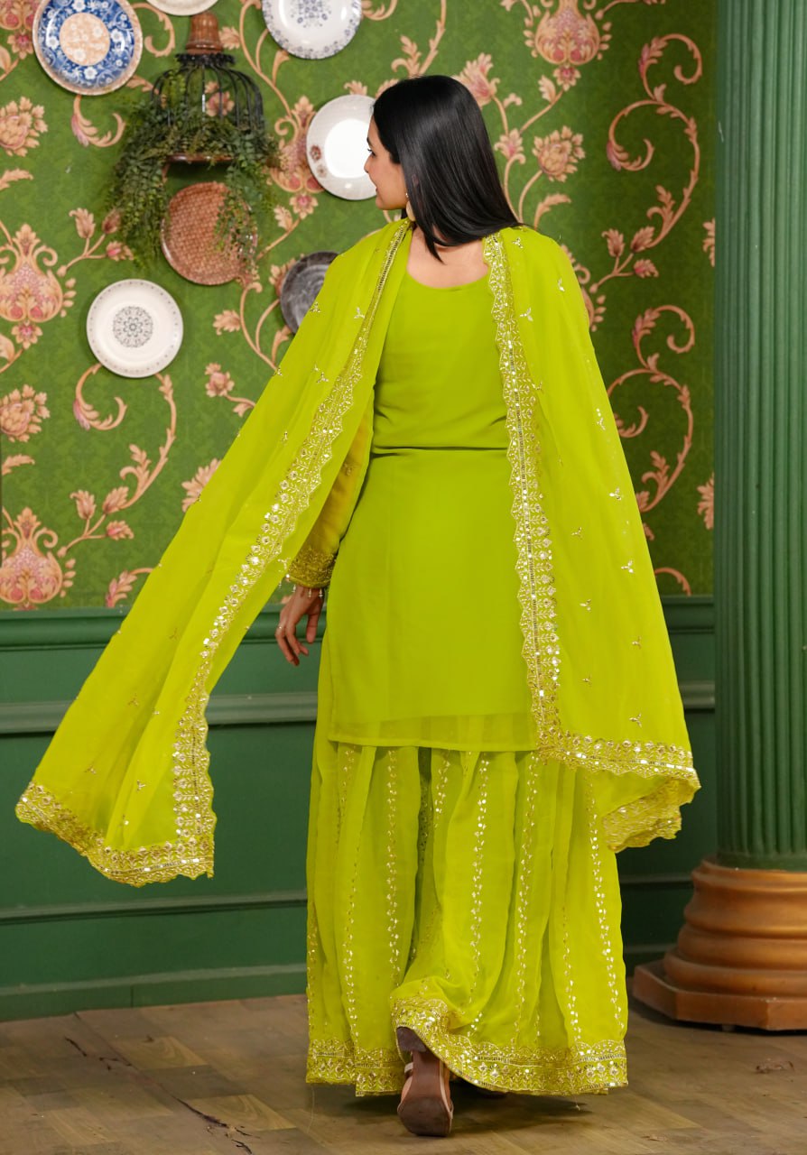 Teeya Creation Olive Color Georgette Heavy Embroidery Work Fully Stitched Sharara Suit | Grocsy