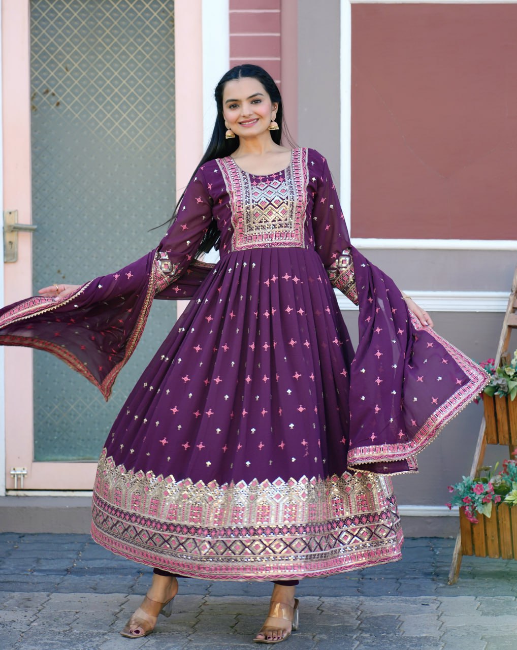 Teeya Creation Olive Color Faux Georgette Heavy Embroidery Work Fully Stitched Sharara Suit | Grocsy