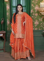 Teeya Creation Orange Color Chinnon Silk Heavy Embroidery Work Fully Stitched Sharara Suit | Grocsy