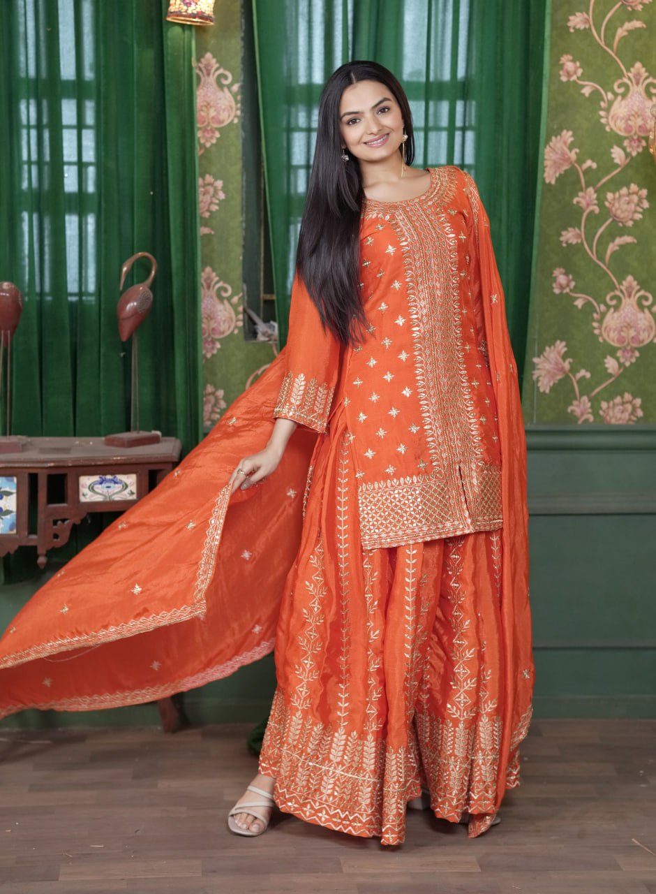 Teeya Creation Orange Color Chinnon Silk Heavy Embroidery Work Fully Stitched Sharara Suit | Grocsy