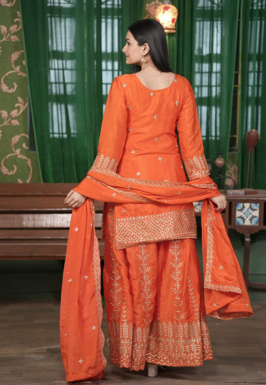 Teeya Creation Orange Color Chinnon Silk Heavy Embroidery Work Fully Stitched Sharara Suit | Grocsy