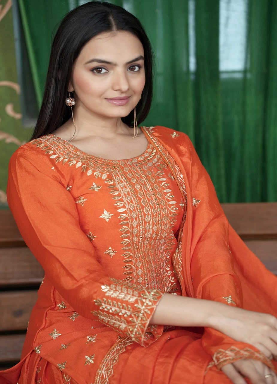 Teeya Creation Orange Color Chinnon Silk Heavy Embroidery Work Fully Stitched Sharara Suit | Grocsy