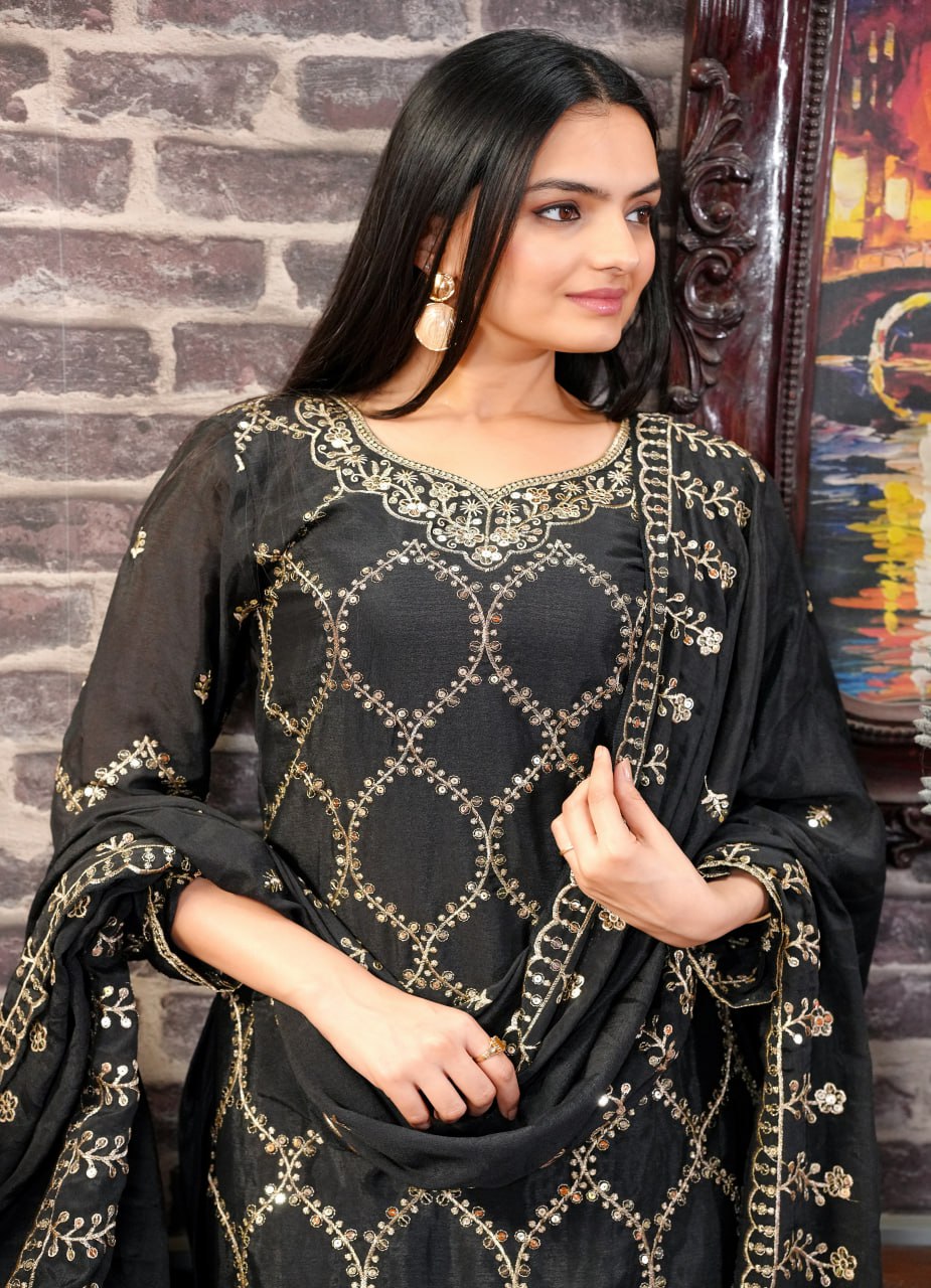 Teeya Creation Black Color Chinnon Silk Heavy Embroidery Work Fully Stitched Sharara Suit | Grocsy