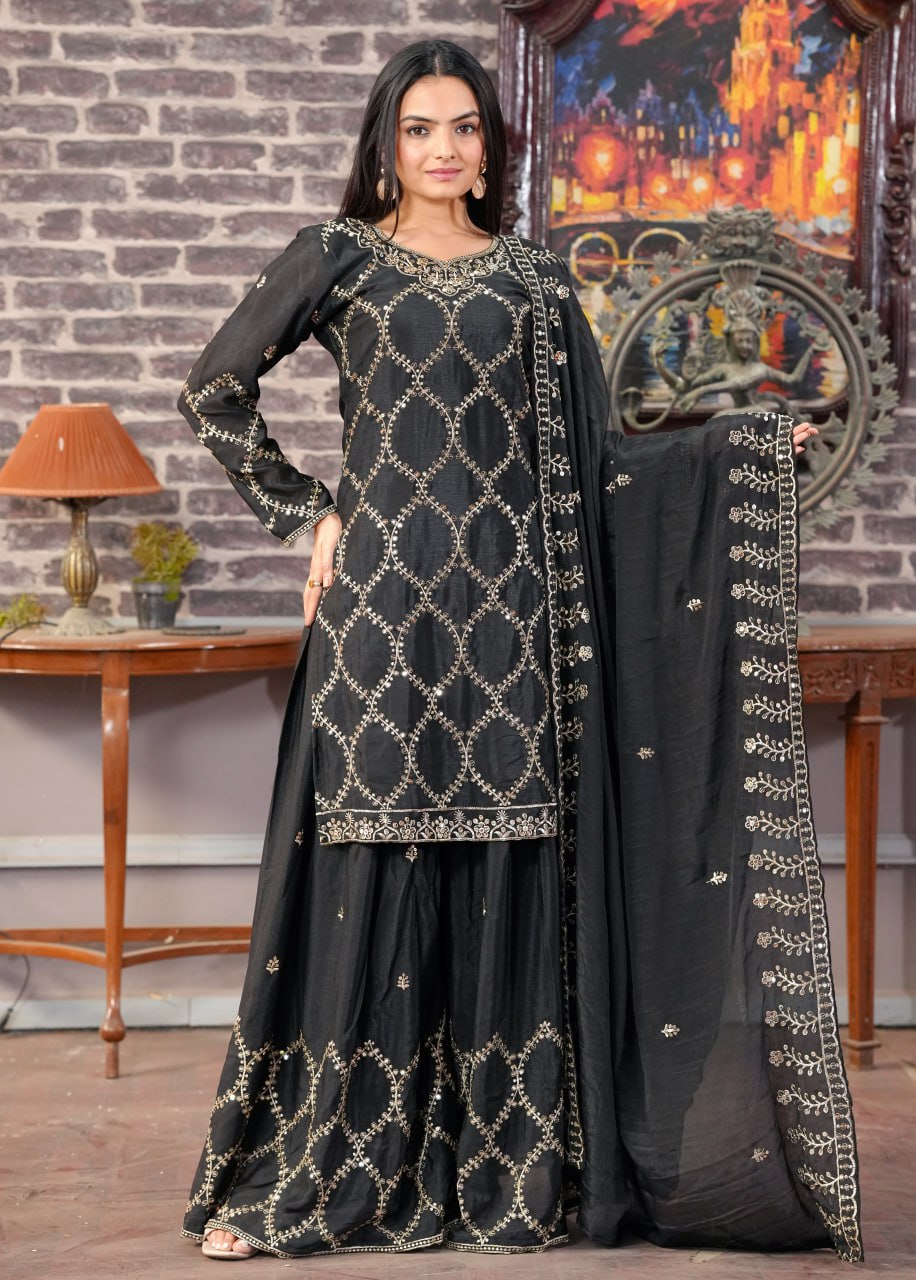 Teeya Creation Black Color Chinnon Silk Heavy Embroidery Work Fully Stitched Sharara Suit | Grocsy
